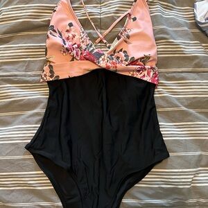Floral Pink and Black One-Piece Swimsuit